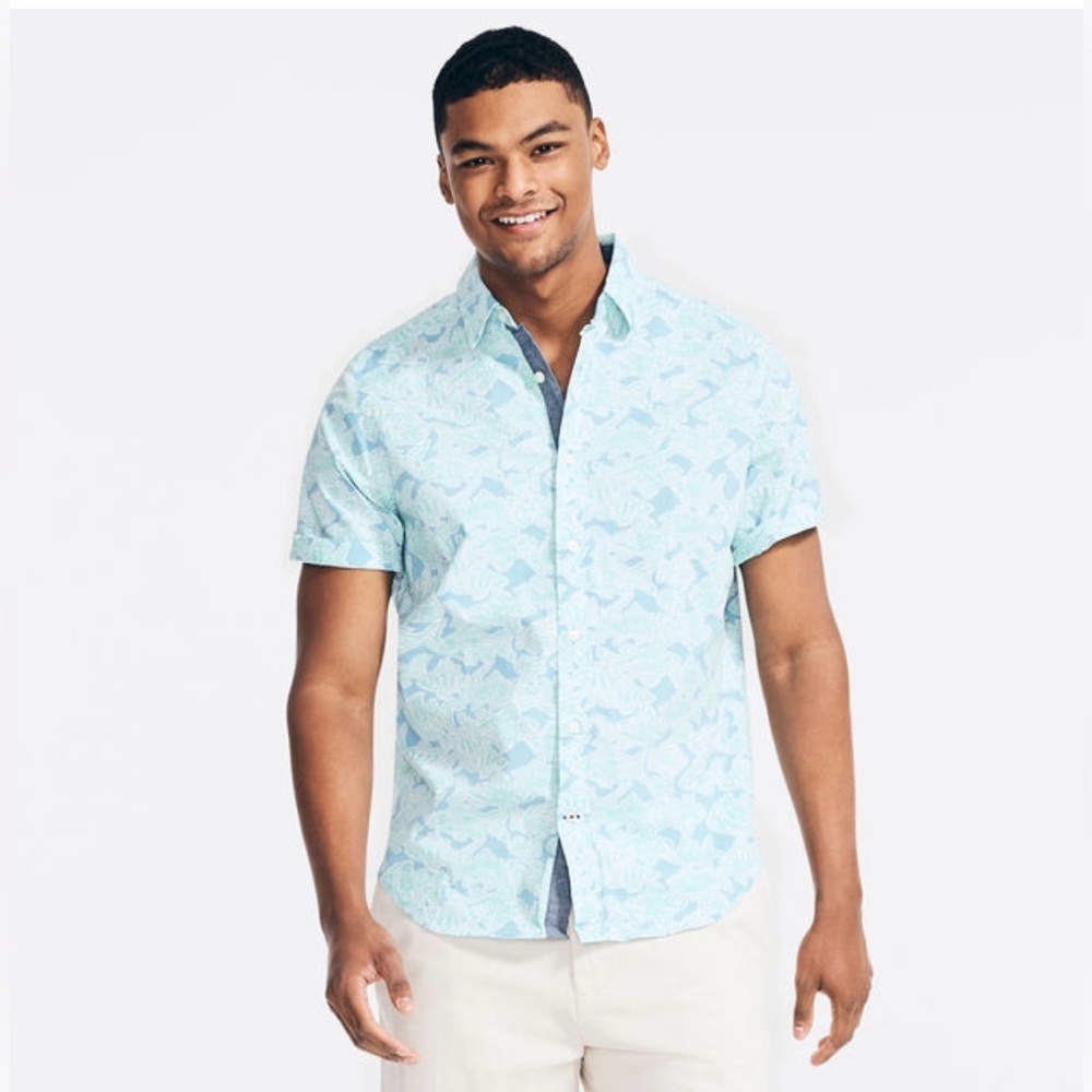 Nautica Stretch Short Sleeve Button Up J-Class Logo at Chest New with tags